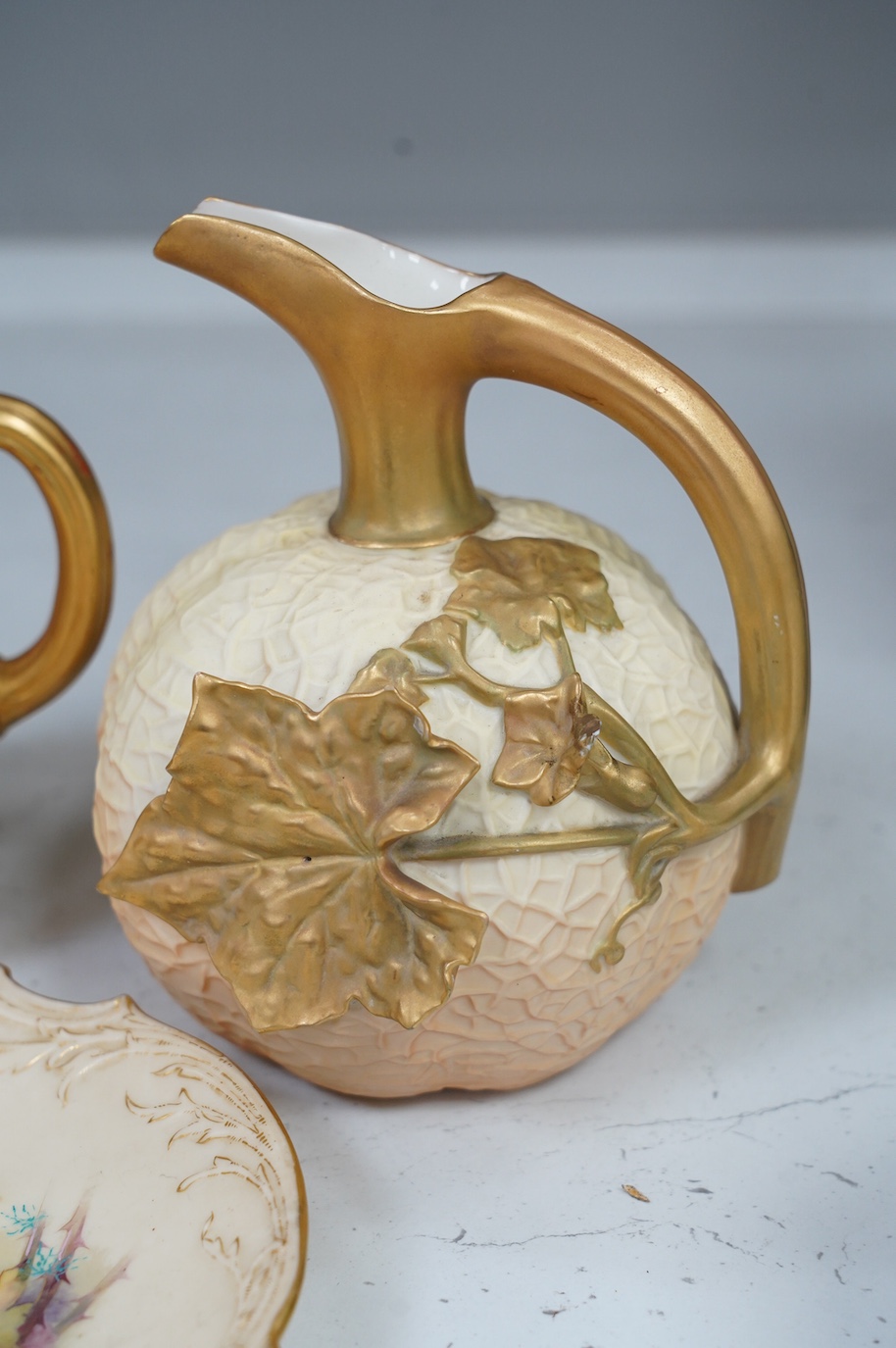 A group of Worcester ivory ground pieces, tallest 18cm (6). Condition - mostly good, largest jug has a small piece of restoration